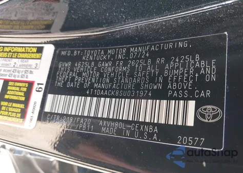 2025 Toyota Camry Le from USA, damaged, VIN 4T1DAACK8SU031974